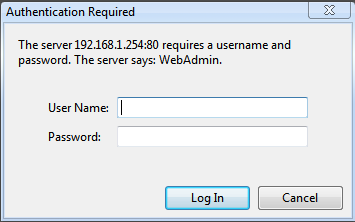Login screen for router